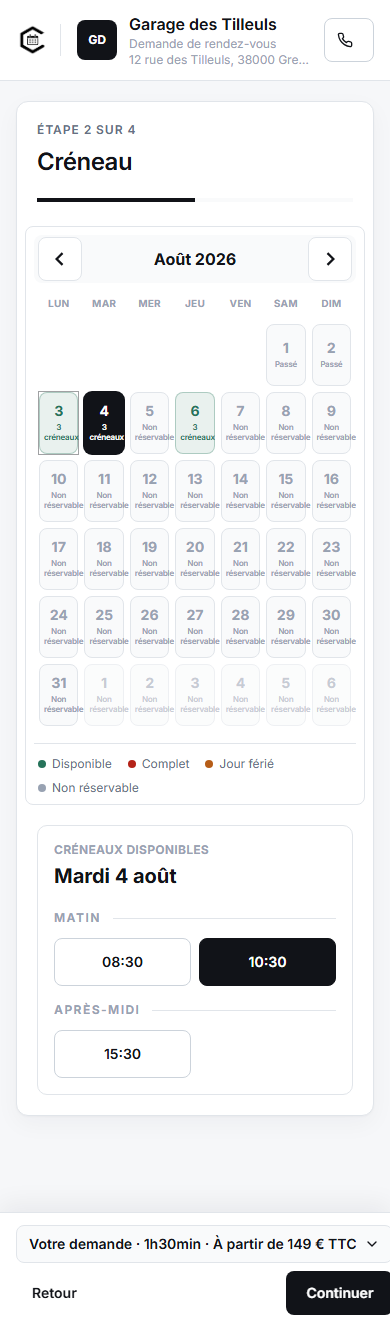 Page de réservation : choix de la prestation et du créneau